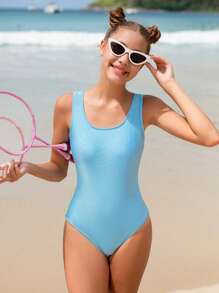Teen Girls' Solid Summer Beach Color One-Piece Swimsuit - Blue - View 1