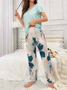女士純色上衣和花卉印花褲子睡衣套裝 - 薄荷綠 - 查看 3