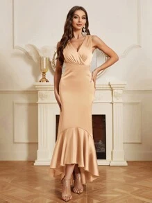 SHEIN Belle 擁有褶皺飾面、人魚剪裁和波浪邊的伴娘晚禮服 - 咖啡棕 - 查看 6