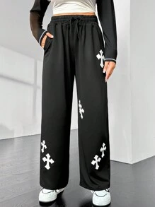 SHEIN EZwear 大號十字印花抽繩腰部斜口袋運動褲 - 黑色 - 查看 1