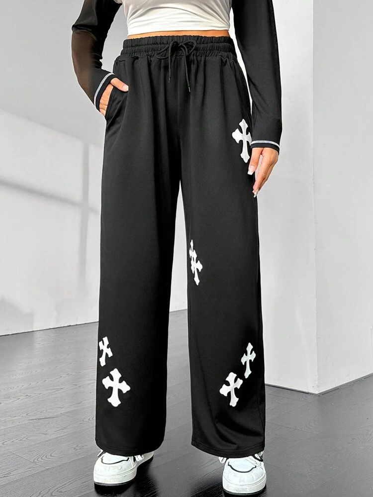 Plus Size Cross Print Drawstring Waist Slant Pocket Sweatpants