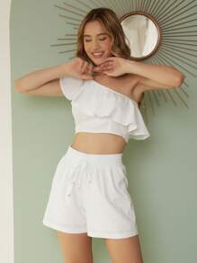 SHEIN 單肩荷葉邊上衣和打結褶皺腰短褲 - 白色 - 查看 4