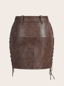 SHEIN EZwear Women'S Vintage Washed Faded Tie Belted Skirt - Brown - View 2