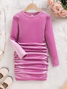 SHEIN 青少年女孩针织纯色短款天鹅绒圆领褶饰休闲连衣裙 - 淡紫色 - 查看 1