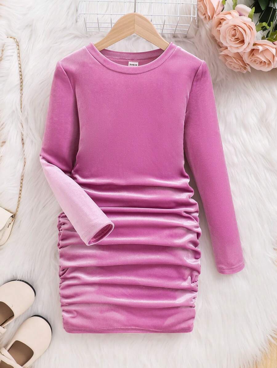 SHEIN 青少年女孩针织纯色短款天鹅绒圆领褶饰休闲连衣裙 - 淡紫色 - 查看 1