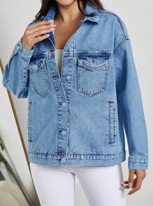EURMUSE Women'S Flap Pocket Button Front Denim Jacket - Light Wash - View 5