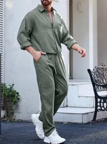 Manfinity Homme Juego De Baggy De Dos Piezas Para Hombre De Camisa Y Pantalón De Chándal Con Parches En Los Bolsillos - Verde militar - Ver 5