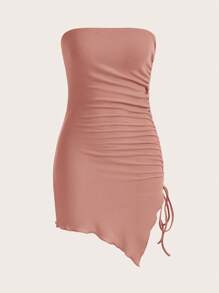SHEIN EZwear 女士肋骨打條無肩帶針織裙 - 藕粉色 - 查看 1