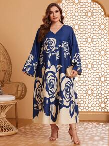 Al Najma Kích thước lớn In hoa Tay áo chuông Đầm - Màu xanh hải quân - Xem 3