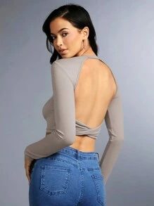 SHEIN BAE 女士無背心短巧貼身t恤 - 灰色 - 查看 2