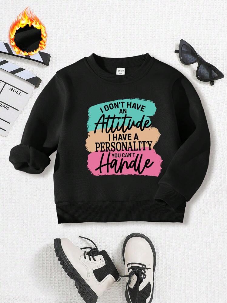 SHEIN Young Girl Slogan Graphic Thermal Lined Sweatshirt - Black - View 1