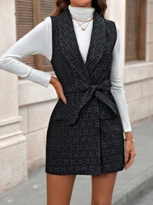 女式提花無袖連衣裙 - 黑色 - 查看 4