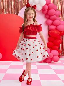 SHEIN 幼兒女童短袖上衣荷葉邊飾心型網眼裙套裝 - 彩色 - 查看 6