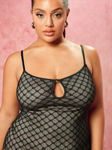 SHEIN BAE Kích thước lớn Xu hướng: Cắt giảm Lưới Gai Váy Dây - màu đen - Xem 3