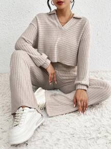 SHEIN Frenchy V領長袖t恤和褲子2入套裝 - 杏色 - 查看 5