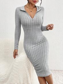 SHEIN Frenchy 女款翻領領口半拉鍊純色修身連身裙 - 灰色 - 查看 5