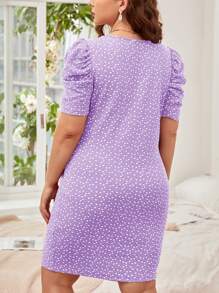 SHEIN Clasi Váy xuân cổ vuông in hoa cỡ lớn mùa hè có tay bồng - Màu tím hoa cà - Xem 2