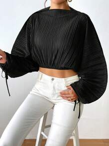SHEIN Essnce 女款蝙蝠袖短襯衫 - 黑色 - 查看 6