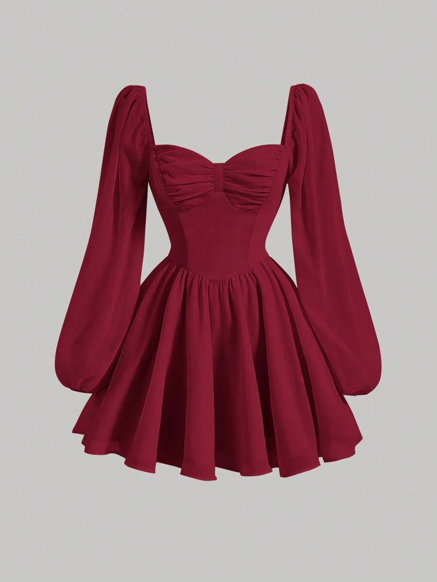 SHEIN MOD Pleated Bust Lantern Sleeve Red Date Night Dress - Burgundy - View 1