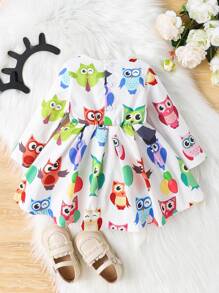 Infant Girls' Spring Owl Printed Cute Daily Casual Dress