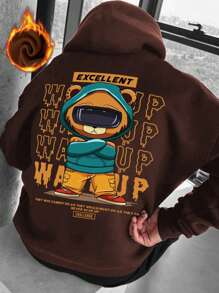 Manfinity EMRG 男士鬆身帽衫,熊貓印花及字母細節 - 咖啡棕 - 查看 1