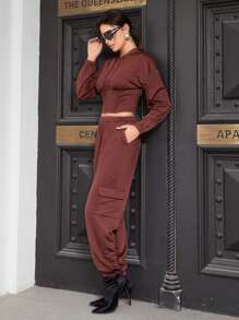 SHEIN Unity Women'S Solid Color 2-Piece Set - Rust Brown - View 3