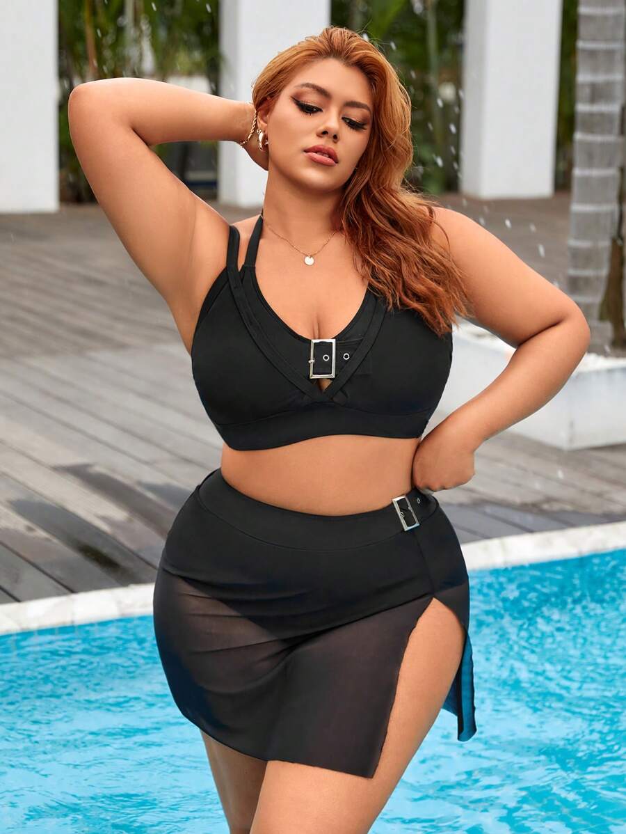 SHEIN Swim Curve 夏季大码带扣带边纯色比基尼套装 - 黑色 - 查看 1