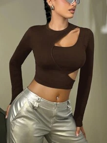 SHEIN ICON Ladies' Solid Color Hollow Out Cropped T-Shirt - Coffee Brown - View 5