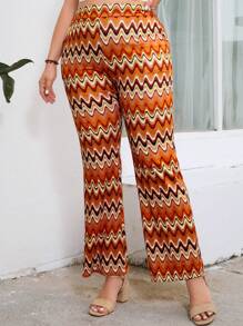 SHEIN VCAY 加大尺碼高腰全長印花喇叭褲 - 彩色 - 查看 1