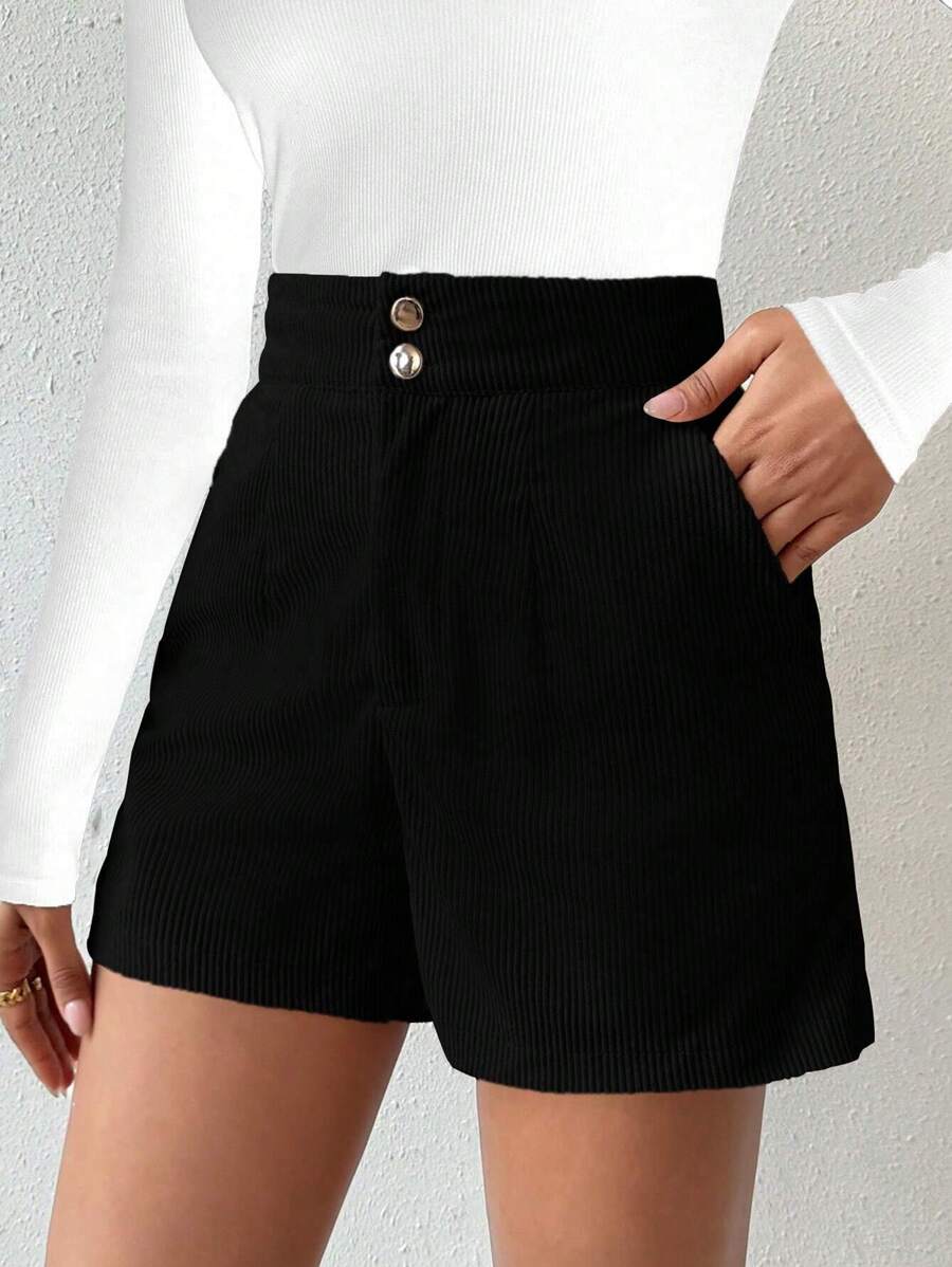 SHEIN Luminelle Pantalones Cortos De Color Sólido Para Mujer - Negro - Ver 1