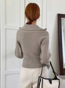 DAZY Cardigan casual/business con chiusura lampo e collo alto, tinta unita, autunno/inverno, maniche lunghe, giacca da donna - Cachi - Visualizzare 2