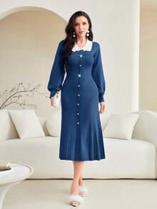 Modelyn 女士色塊毛衣連衣裙,有翻領領口和魚尾下擺 - 藏蓝色 - 查看 6