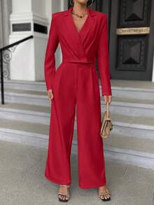 SHEIN Privé Solid Lapel Neck Blazer & Wide Leg Pants - Red - View 4