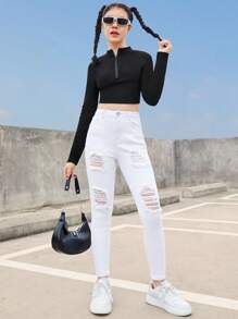 SHEIN Teenage Girls' Solid Color Ripped Jeans - White - View 3