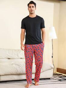 男式全印字母設計運動褲,斜口袋家居休閒褲 - 紅色 - 查看 6