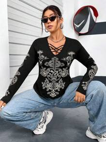 Flirla Của phụ nữ Kích thước lớn Mặt trước Sự tréo nhau Dây đeo Hoa văn chữ thập Tay áo dài Áo thun - màu đen - Xem 5