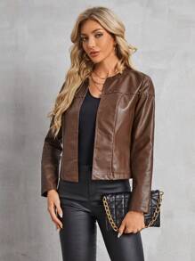 SHEIN LUNE Của phụ nữ chất liệu da PU Áo khoác Trang trí Với - Màu Khaki - Xem 1