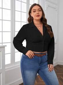 SHEIN Essnce 大尺碼女裝翻領長袖襯衫 - 黑色 - 查看 3