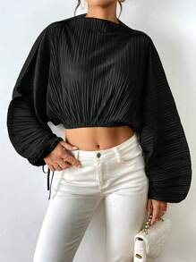 SHEIN Essnce 女款蝙蝠袖短襯衫 - 黑色 - 查看 4