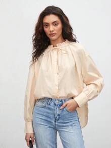 SHEIN BIZwear Của phụ nữ Tay áo lồng đèn Áo sơ mi Với Cà vạt - Màu Khaki - Xem 2