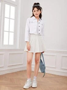 SHEIN Chaqueta de mezclilla blanca básica estilo universitario informal para niñas preadolescentes - Blanco - Ver 6