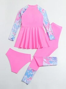 SHEIN Tween Girls' Marble Print Raglan Long Sleeve Top, Long Pants, Briefs Tankini Swimwear Set - Pink - View 2