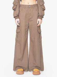 ROMWE Grunge Punk 宽腿 Maillard 牛仔裤，配有实用口袋和宽松版型 - 卡其色 - 查看 2
