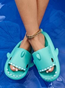 卡通鯊魚造型開趾厚底拖鞋，防滑沙灘浴室拖鞋，女士鯊魚拖鞋 - 綠色 - 查看 3