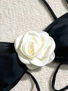 Swim Mod Summer Beach Women's Floral Decorated Swimwear Top With 3d Flowers