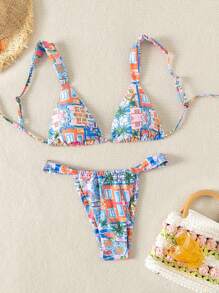 Swim Vcay Conjunto De Roupa De Banho De Impressão De Árvore De Palma Para Mulheres No Carnaval - Multicolorido - Ver 1