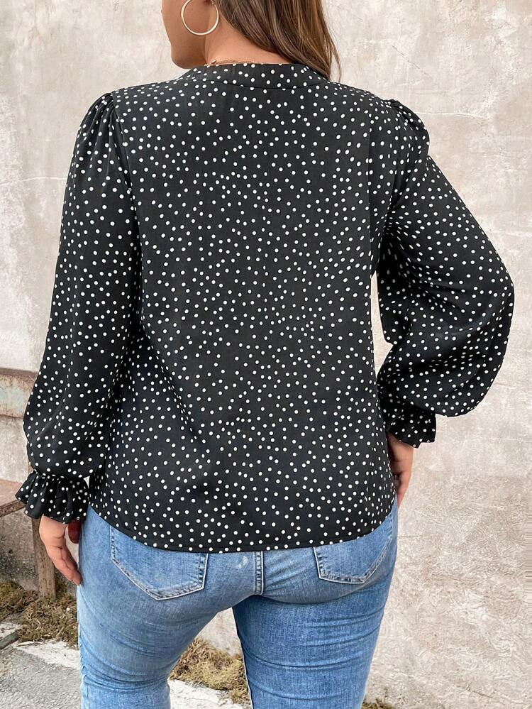 Plus Size Women's Polka Dot V-Neck Long Sleeve Shirt