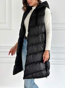 EURMUSE Zip Up Hooded Vest Puffer Coat - Black - View 5