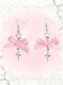 ROMWE Kawaii 2 Miếng Y2K Phong cách Màu hồng Nơ & Ngôi sao Dangle Hoa tai - Nhiều màu - Xem 1