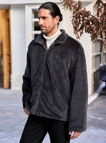 Manfinity Homme 男式超大号法兰绒拉链夹棉大衣 - 深灰色 - 查看 4